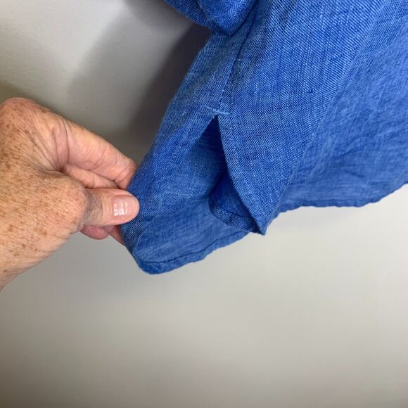 Pure Jill Linen Blue Tunic Top V-Neck Button Front Roll Tab Sleeve Relaxed Fit M - Picture 4 of 11